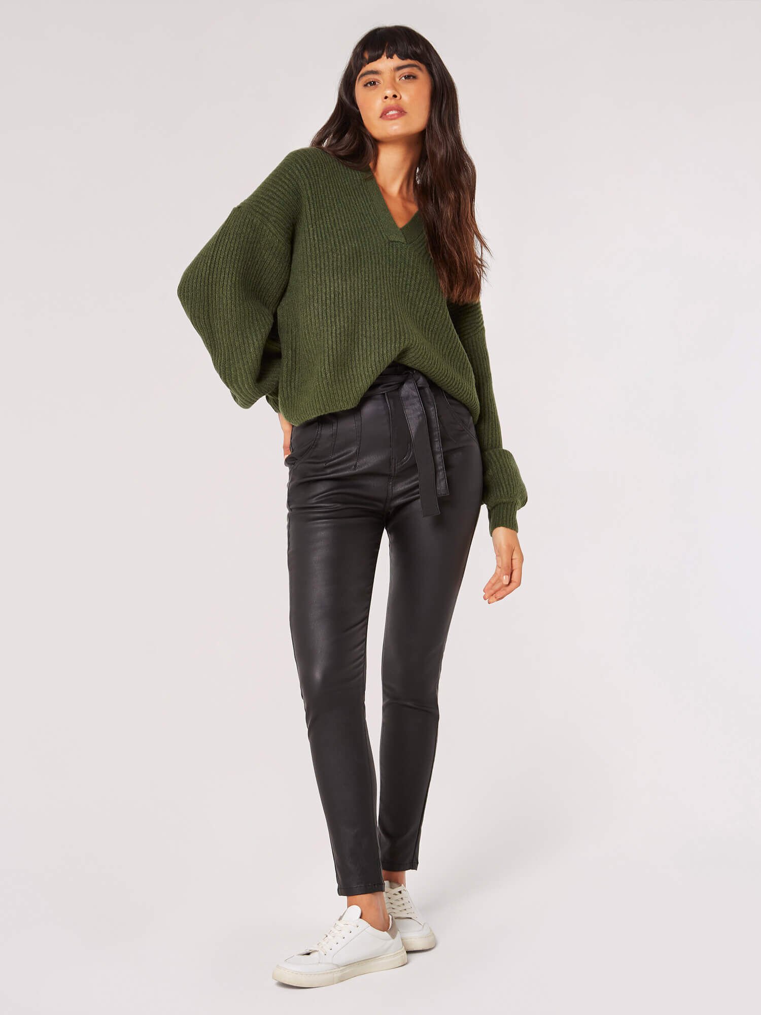 Green leather discount look trousers