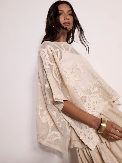 Cotton-Blend Mesh Floral Embroidered Top
