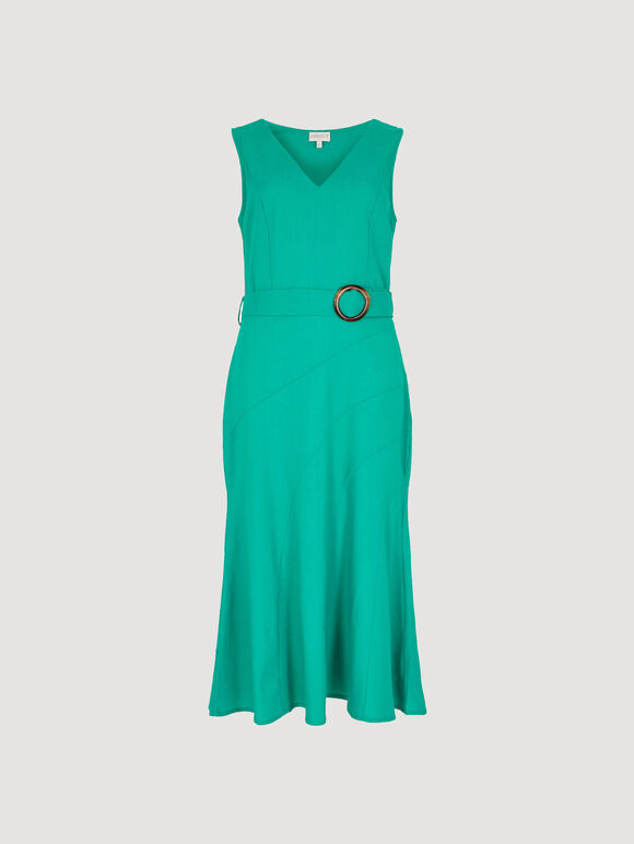 Linen Blend Belted Midi Dress, Blue, large