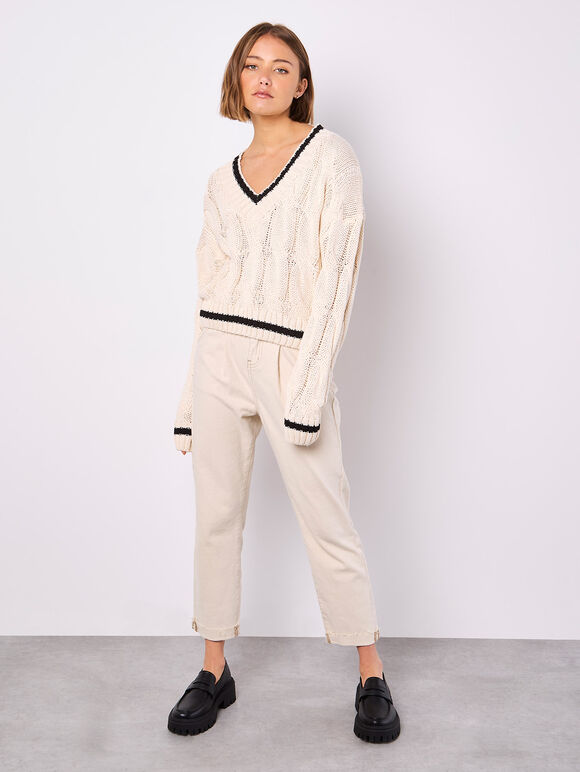 Cropped Cable Cricket Jumper, Stone, large