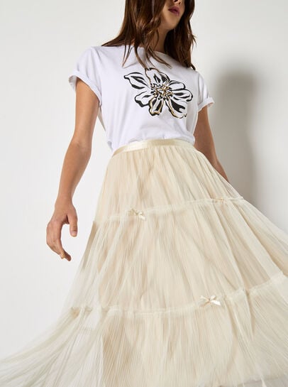 Bow Tiered Mesh Midi Skirt