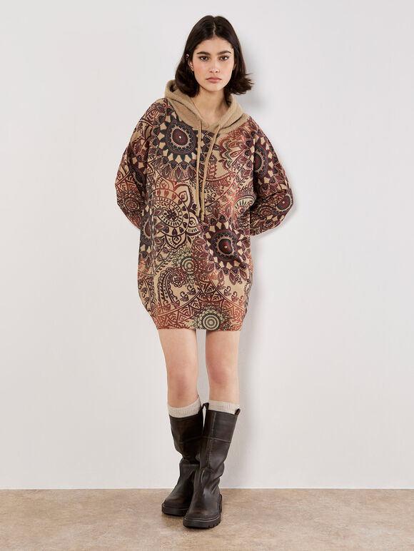 Mandala Hooded Tunic Jumper, Rust, large