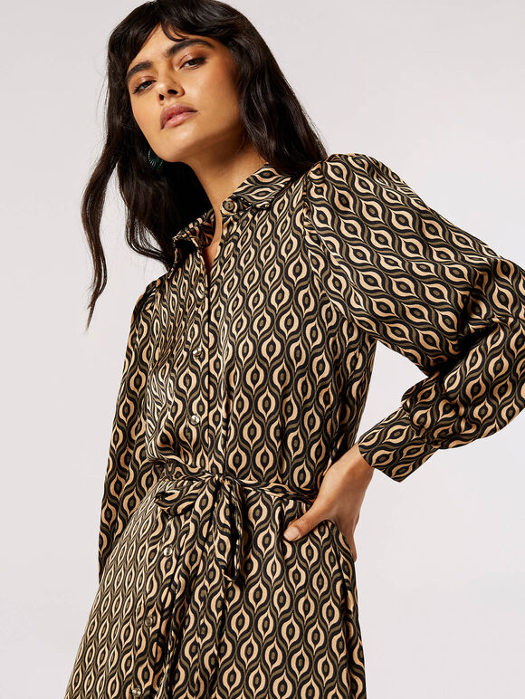 Robe midi chemise en satin géométrique, Kaki, large
