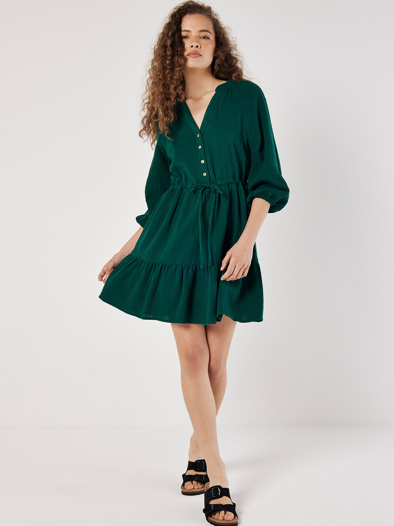 Textured Cotton Drawstring Mini Dress Apricot Clothing
