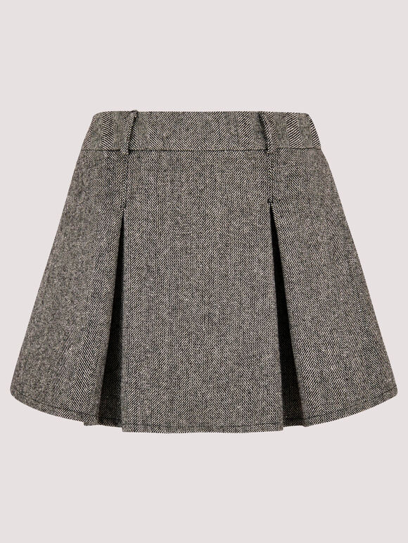 Pleated Herringbone Mini Skirt, Black, large