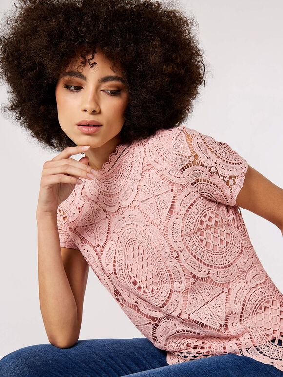 High Neck Lace Top, Pink, large