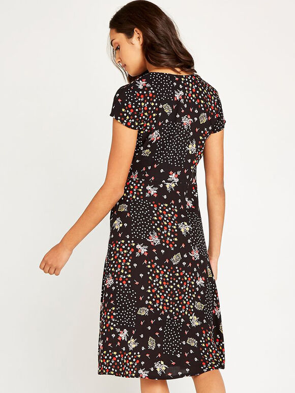 Black Patchwork Floral Wrap Dress, Black, large