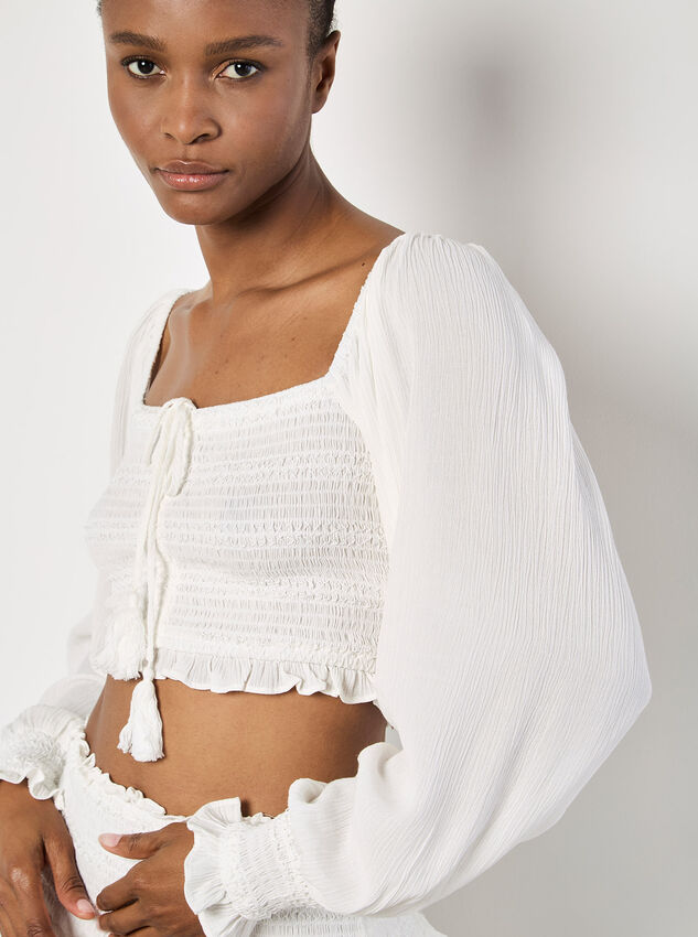 Smocked Crop Top, White, large
