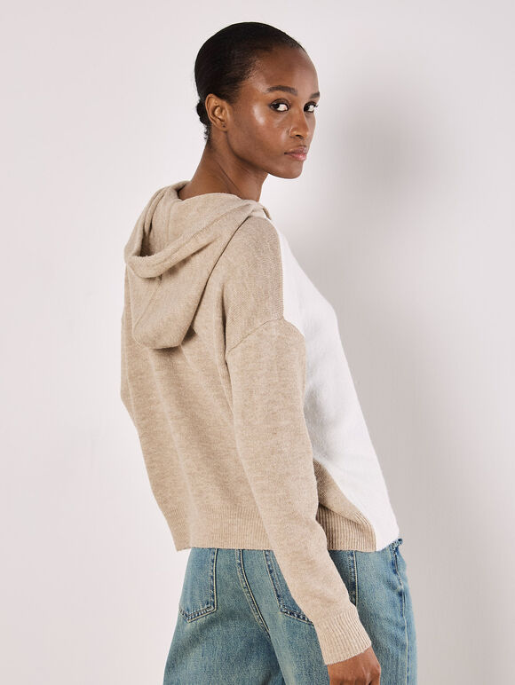 Colour Block Knitted Hoodie, Cream, large
