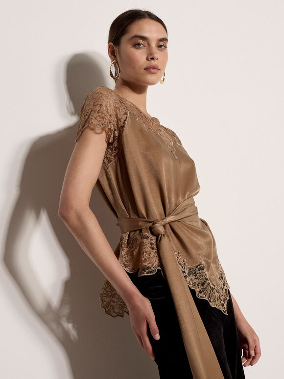 Lace Insert Satin Scarf Top, Gold, large