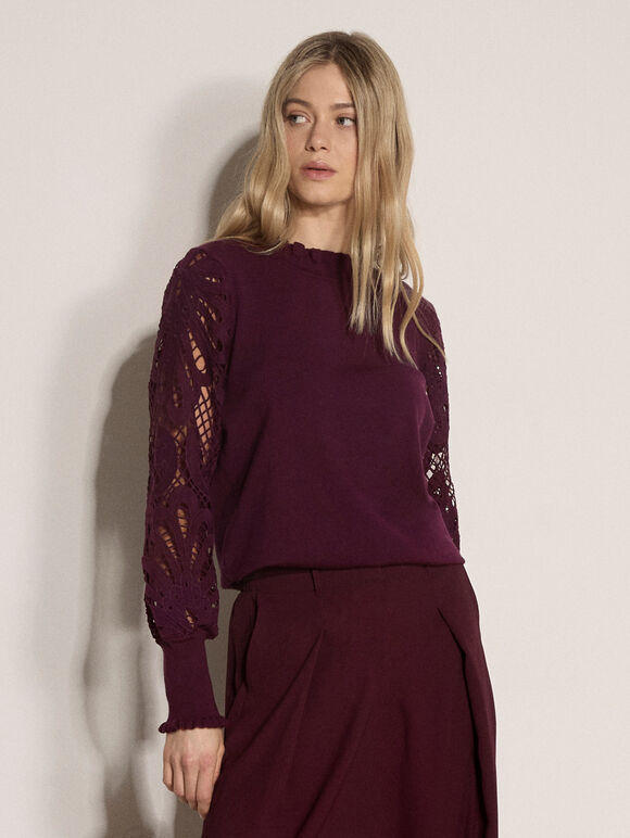 Lace Mesh Jumper, Burgundy, large