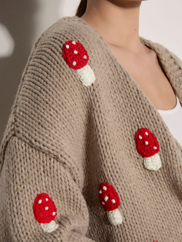 Mushroom Appliqu&eacute; Chunky Knit Cardigan, Brown, large