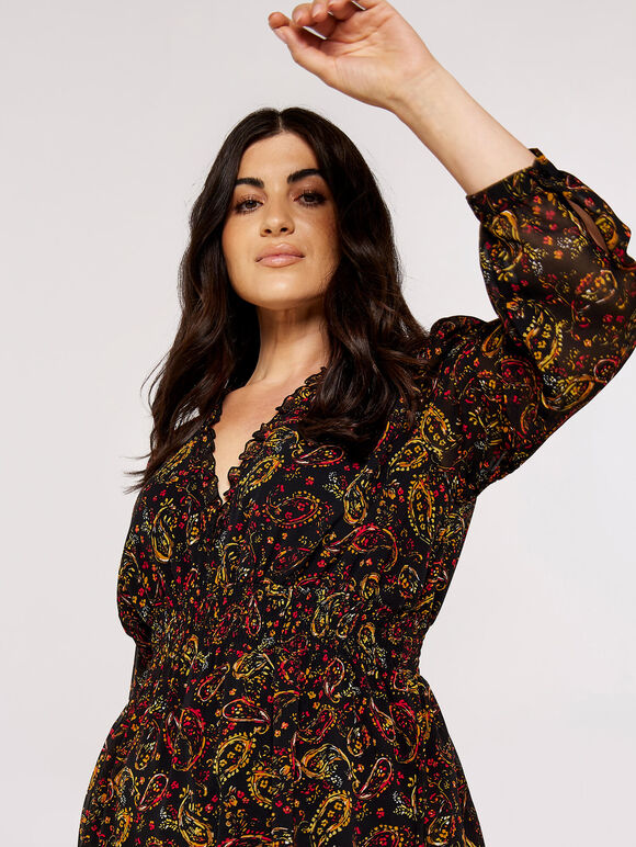 Curve Paisley Smock Dress, Black, large