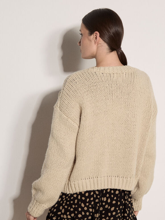 Rose Applique Chunky Knit Cardigan, Stone, large