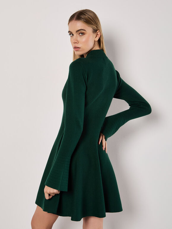 Bell Sleeve Knitted Skater Mini Dress, Green, large