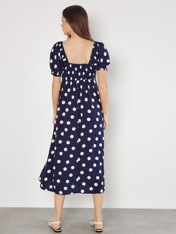 Polka Dot Bow Detail Midi Dress, Navy, large