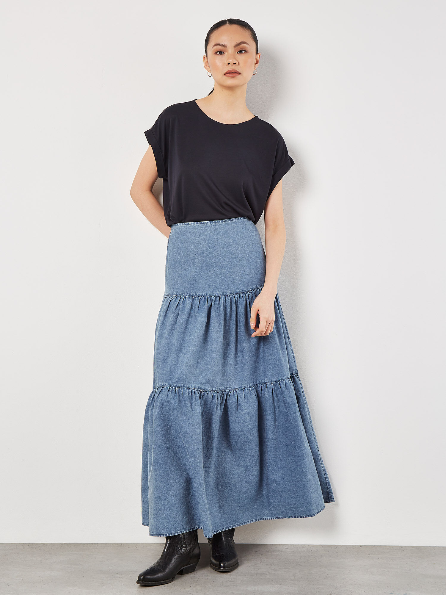 Cotton Denim Tiered Maxi Skirt Apricot Clothing