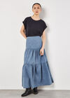 Cotton Denim Tiered Maxi Skirt, Blue, large