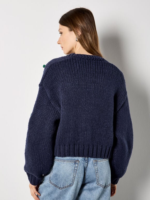 Chunky Knit Strawberry Cardigan, Navy, large