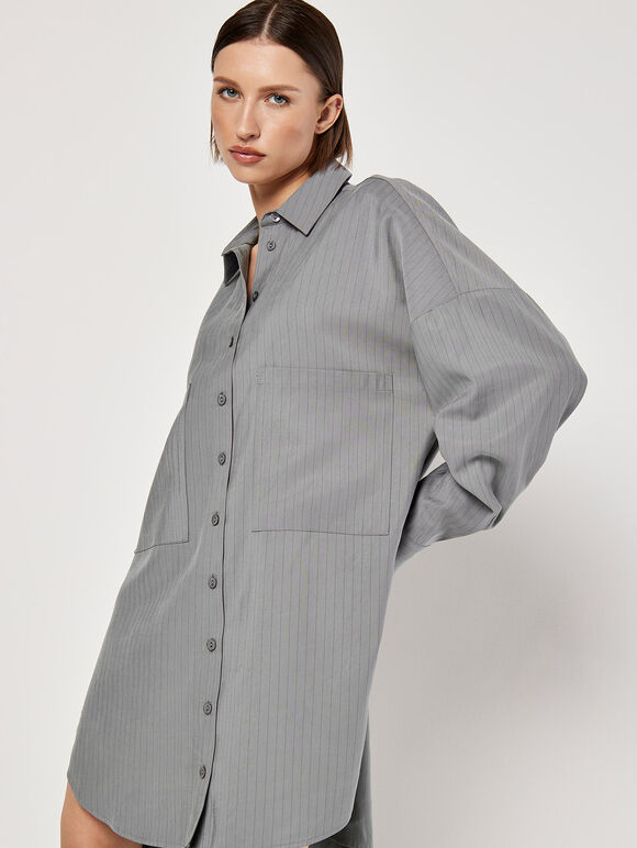 Pinstripe Oversized Shirt Mini Dress, Grey, large