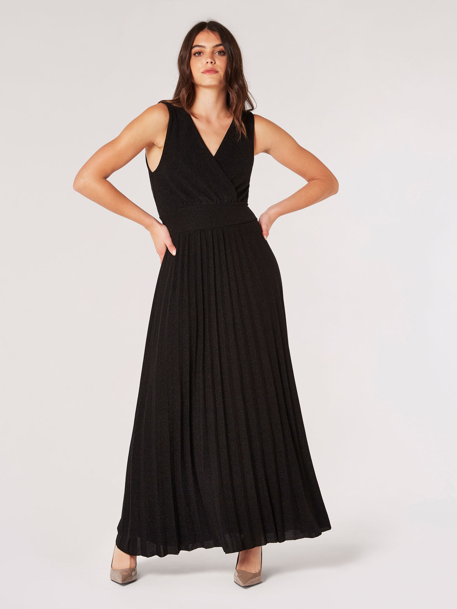 Sparkle Pleated Maxi Dress Apricot Clothing