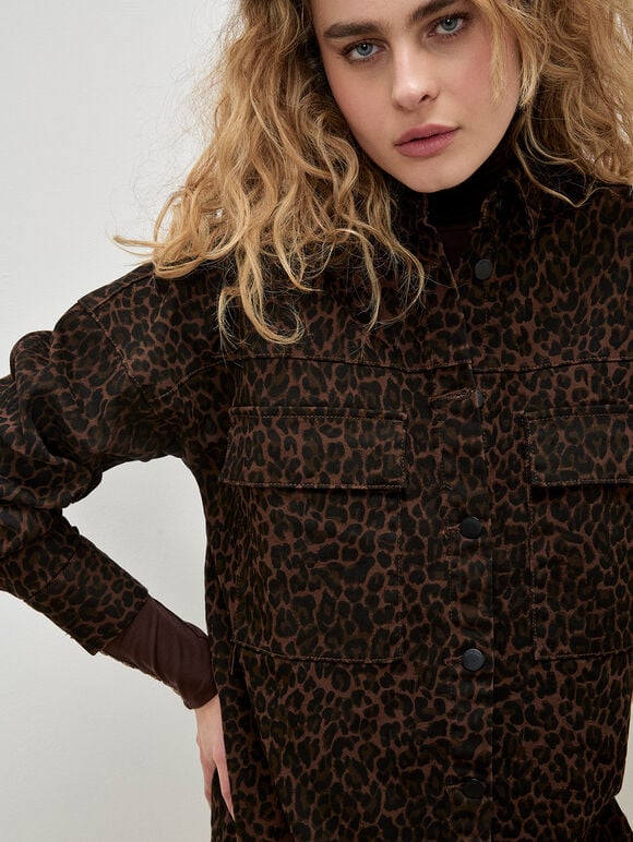 Leopard Denim Shacket Mini Dress, Brown, large