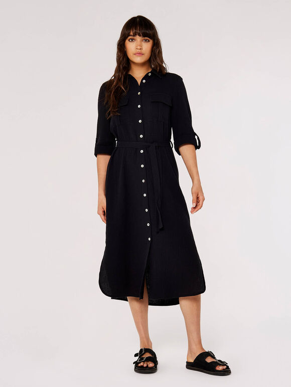 Robe mi-longue chemise en coton Tera, Noir, grand