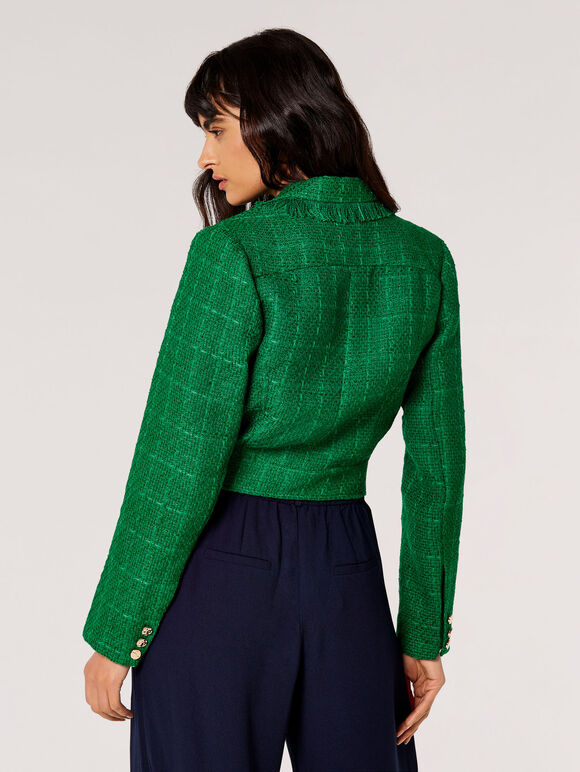 Fringed Cropped Tweed Blazer, Green, large