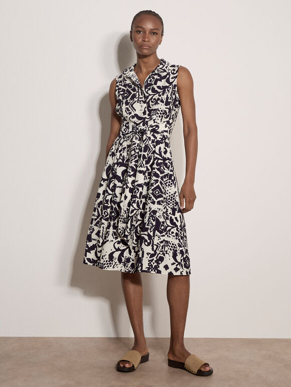 Abstract Tile Crepe Shirt Midi Dress, Navy, large