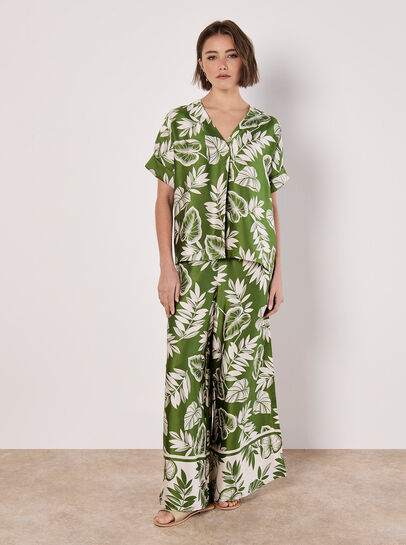 Tropical Leaf Print Satin T-Shirt