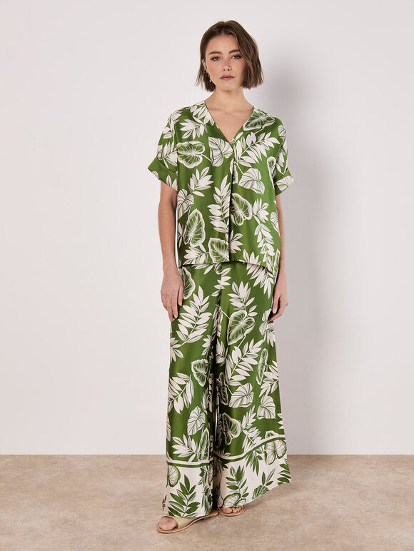 Tropical Leaf Print Satin T-Shirt, Green, large