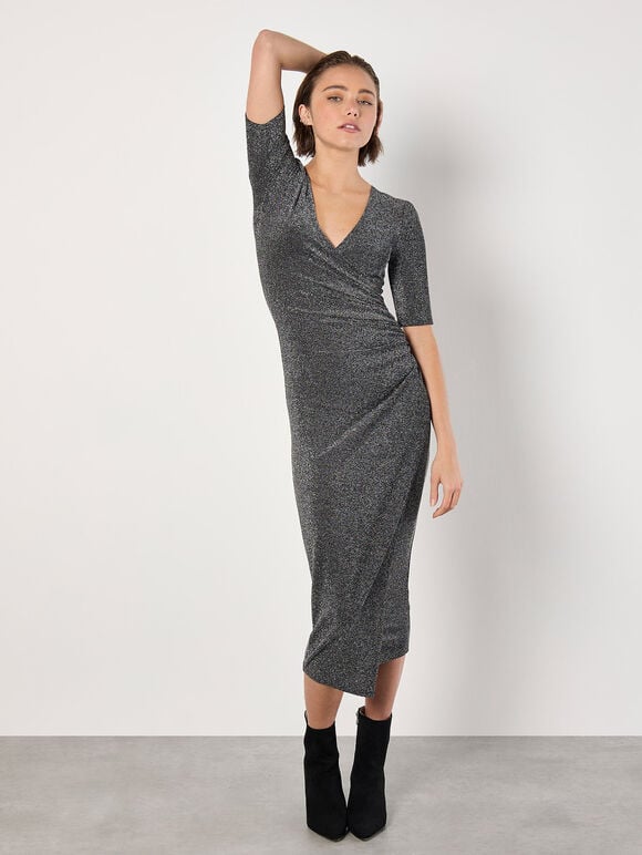 Foil Sparkle Ruched Midi Dress, Black, large