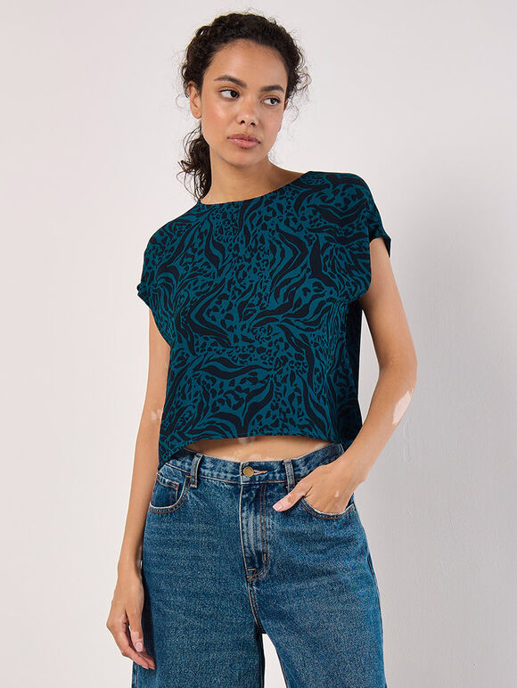 Mixed Animal Textured Cropped T-Shirt, Teal, large