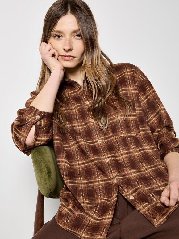 Check Print Shirt, Brown, large