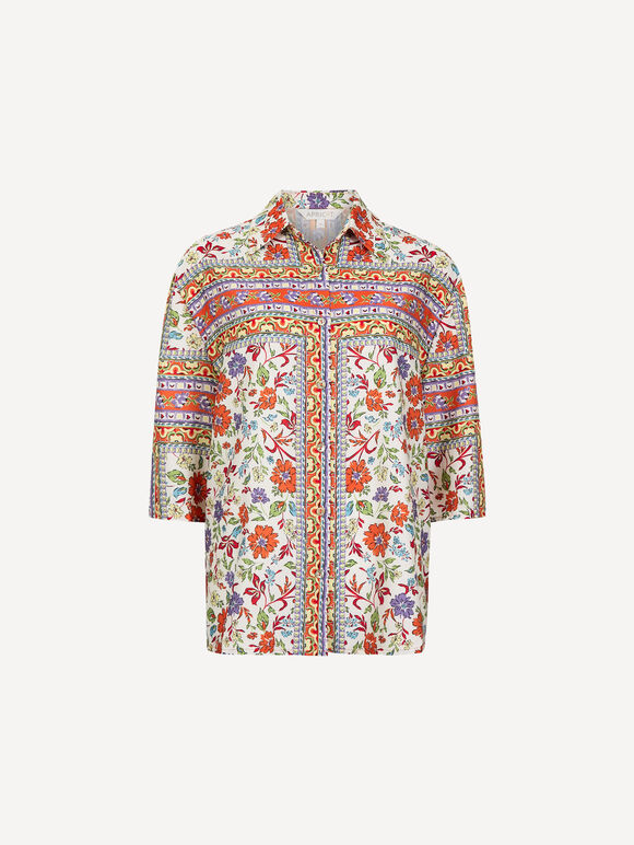 Floral Scarf Print Satin Shirt, Orange, large