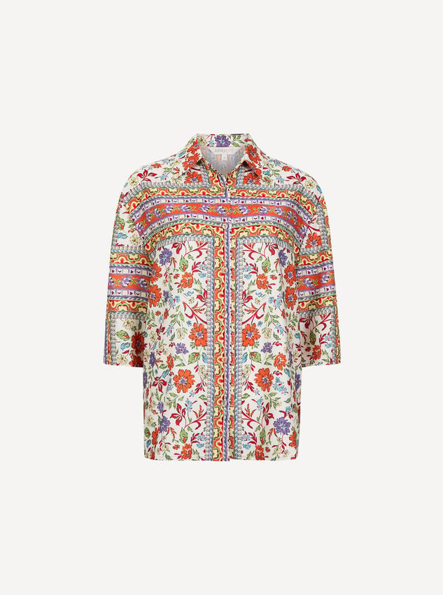 Floral Scarf Print Satin Shirt, Orange, large