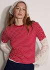 Ruched Sleeves Stripe Top, Red, large