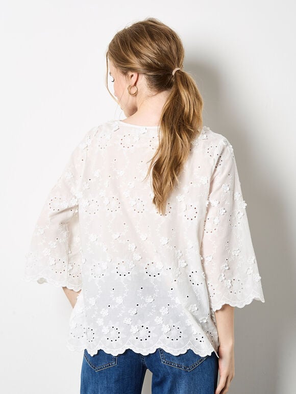 Flower Bell Sleeve Top, White, large