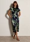 Tropical Leaf Satin Shirt Midi Dress, Navy, large
