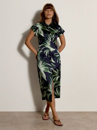 Tropical Leaf Satin Shirt Midi Dress