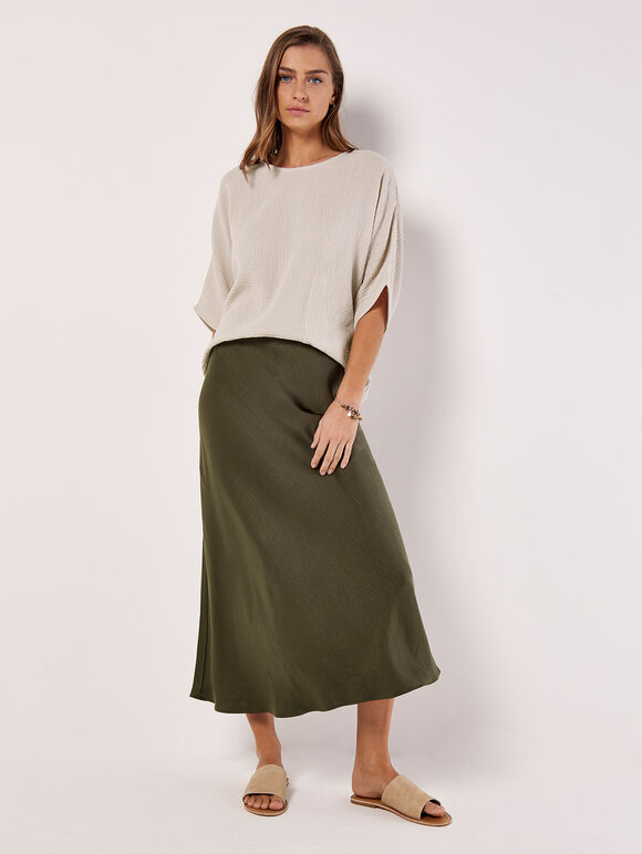 Satin Bias Midi Skirt, Khaki, large