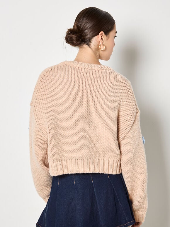 Applique Daisies Chunky Knit Cardigan, Stone, large