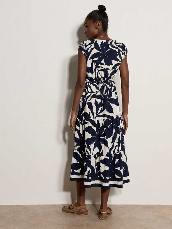 Floral Silhouette Tiered Midi Dress, Navy, large