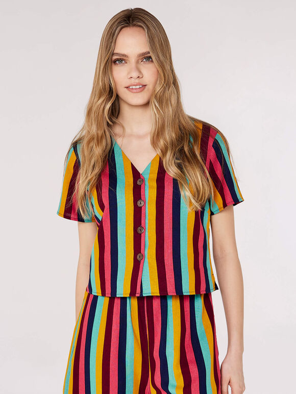 Vertical Striped Buttoned Top, Mustard, large
