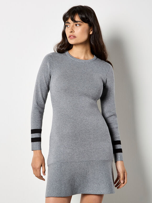 Stripe Cuff Fit And Flare Knit Mini Dress, Grey, large
