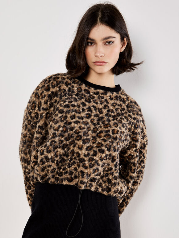 Leopard Boucle Jumper, Brown, large