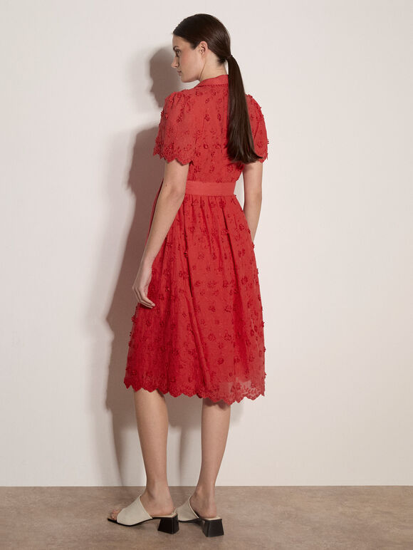 Cotton Floral Embroidered Midi Dress, Red, large