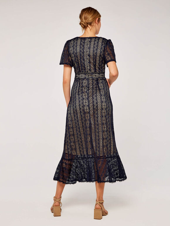 Lace V Neck Midi Dress, Navy, large