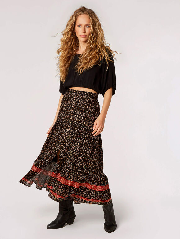 Batik Floral Border Midi Skirt , Black, large