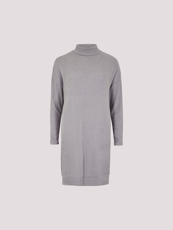 Ribbed Knit Mini Dress, Grey, large